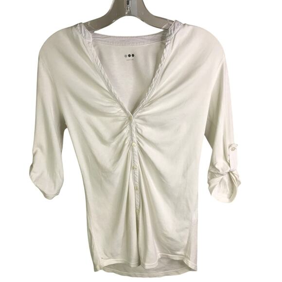 Three Dots Ruched Top Womens Small AJ4B302 White Deep V-Neck Button Down - Picture 1 of 6